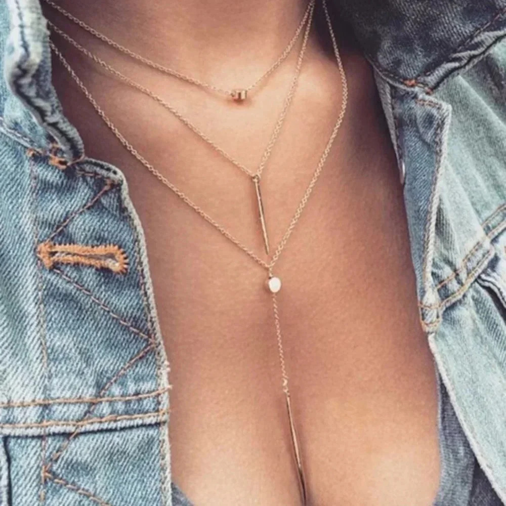 Dainty Layered Lariat Bar Circle Necklace